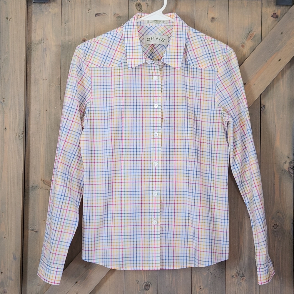 Orvis Women’s Carefree Pastel Plaid Button Down Cotton Blend Princess Seam SZ 4